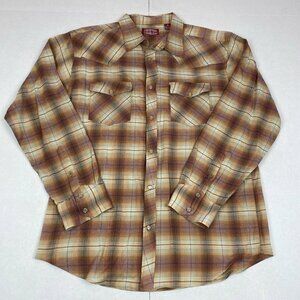 Outback Rider Men's Pearl Snap Shirt Long Sleeve Brown Orange Plaid XL Western